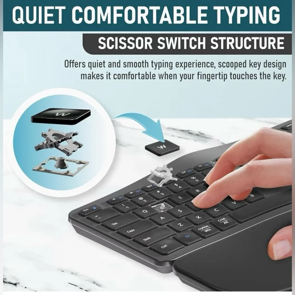 ROCK&ROWN Ergonomic Keyboard with Cushioned Wrist and Palm Rest,Bluetooth. Black